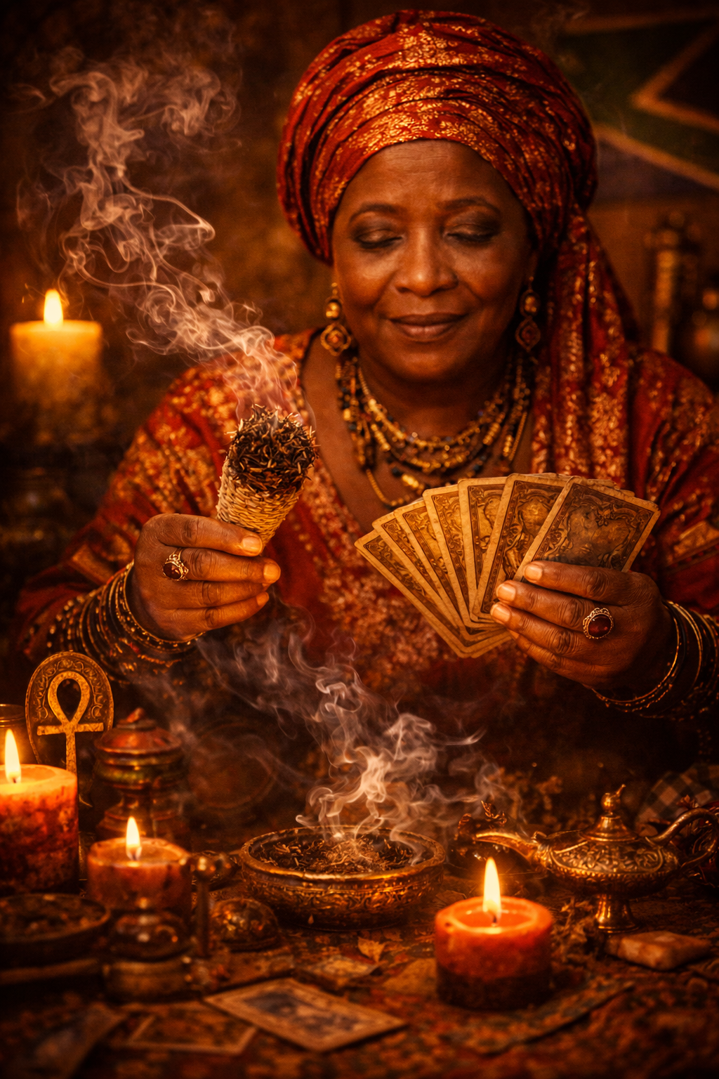Mama Nuraah in a warm spiritual setting with candles and a glowing crystal ball.