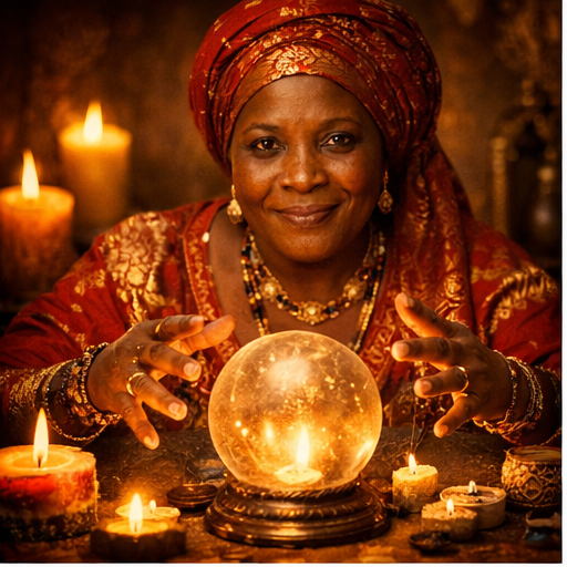 Portrait of Mama Nuraah in traditional attire with candles and a glowing spiritual setting.