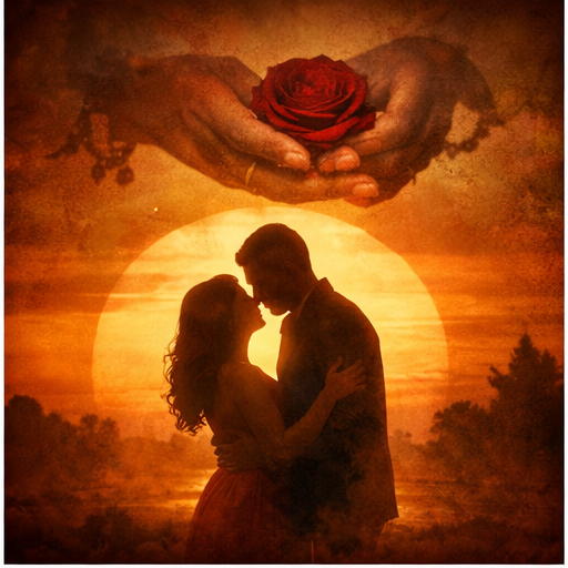 A romantic symbolic image with a couple silhouette and a red rose, representing reunion and love guidance.