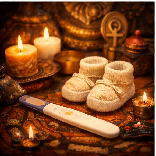 Baby shoes and a pregnancy test representing fertility support and family blessings.