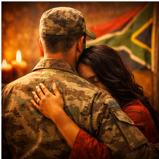 A couple embracing, including a person in military uniform, representing private support for those in barracks.